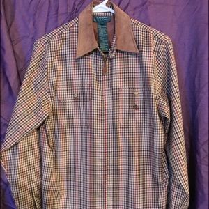 Brown and tan plaid zip front top